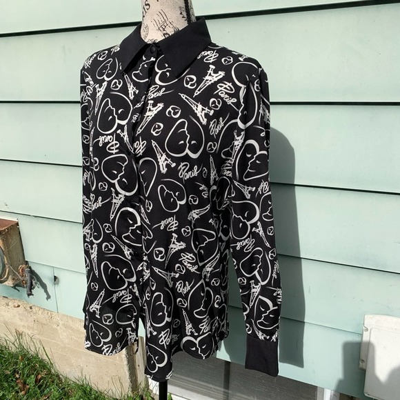 Catherine Malandrino Black & white heart button up collared long sleeve blouse - Picture 8 of 8
